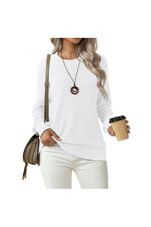 Women's Fall Soft Crewneck Long Sleeve Hollow Cable Knit Pullover Sweaters,US Size,2XL,White