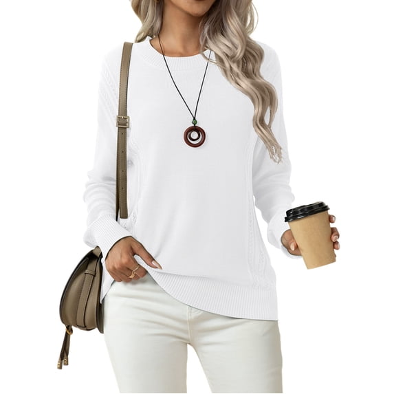 Asklazy Women's Fall Soft Crewneck Long Sleeve Hollow Cable Knit Pullover Sweaters,US Size,2XL,White