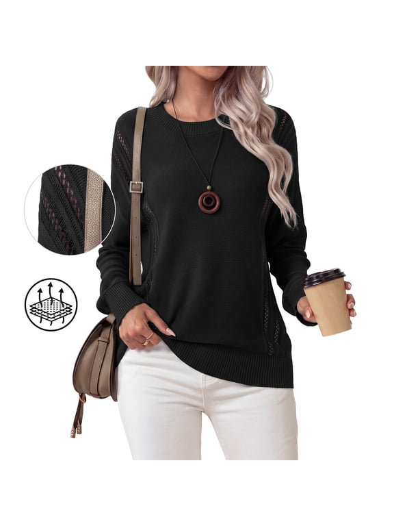 Women's Fall Soft Crewneck Long Sleeve Hollow Cable Knit Pullover Sweaters,Halloween,L,Black
