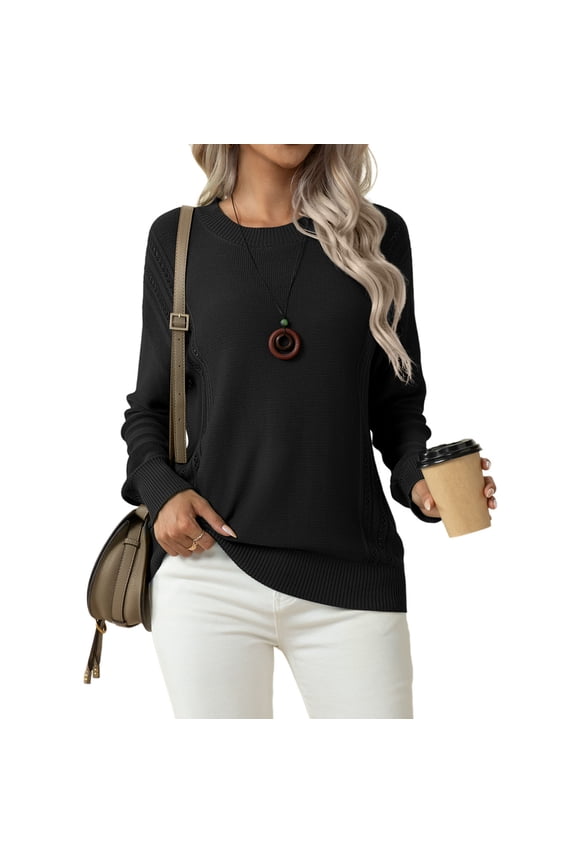 Women's Fall Soft Crewneck Long Sleeve Hollow Cable Knit Pullover Sweaters,US Size,L,Black
