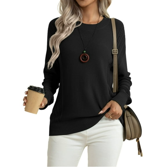 Asklazy Women's Fall Soft Crewneck Long Sleeve Hollow Cable Knit Pullover Sweaters,US Size,L,Black