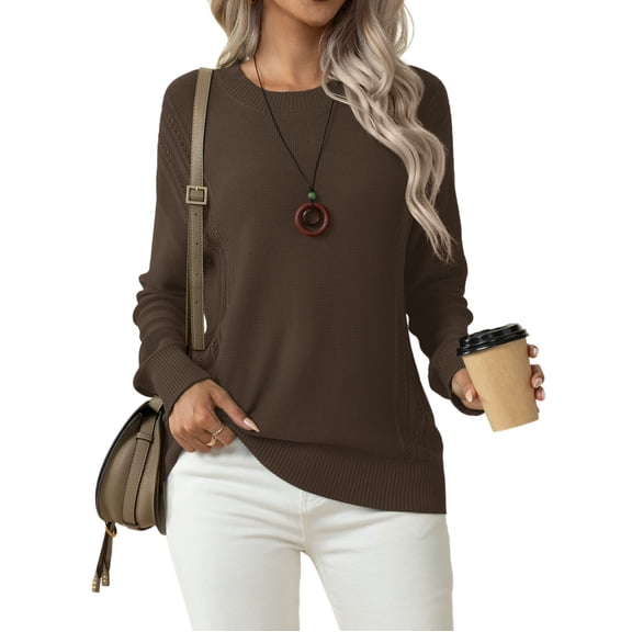 Asklazy Women's Fall Soft Crewneck Long Sleeve Hollow Cable Knit Pullover Sweaters,US Size,L,Brown