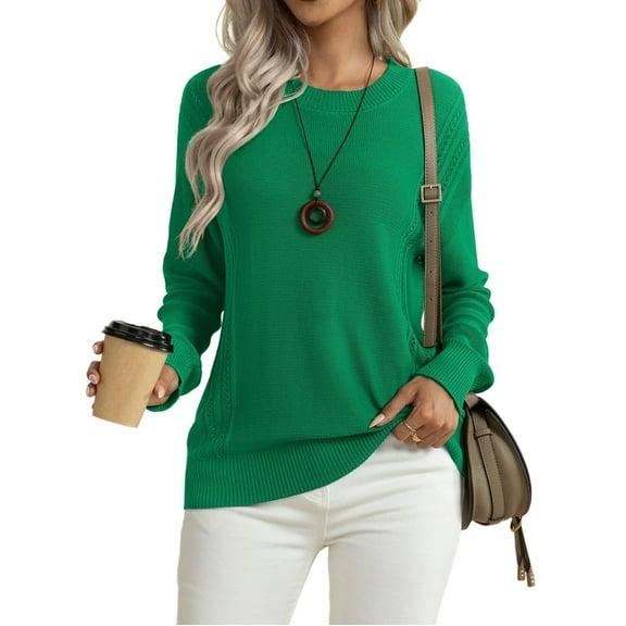 Asklazy Women's Fall Soft Crewneck Long Sleeve Hollow Cable Knit Pullover Sweaters,Green（S-3XL)
