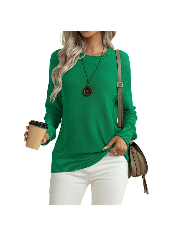 Women's Fall Soft Crewneck Long Sleeve Hollow Cable Knit Pullover Sweaters,Green（S-3XL)
