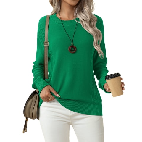 Women's Fall Soft Crewneck Long Sleeve Hollow Cable Knit Pullover Sweaters,Green（S-3XL)