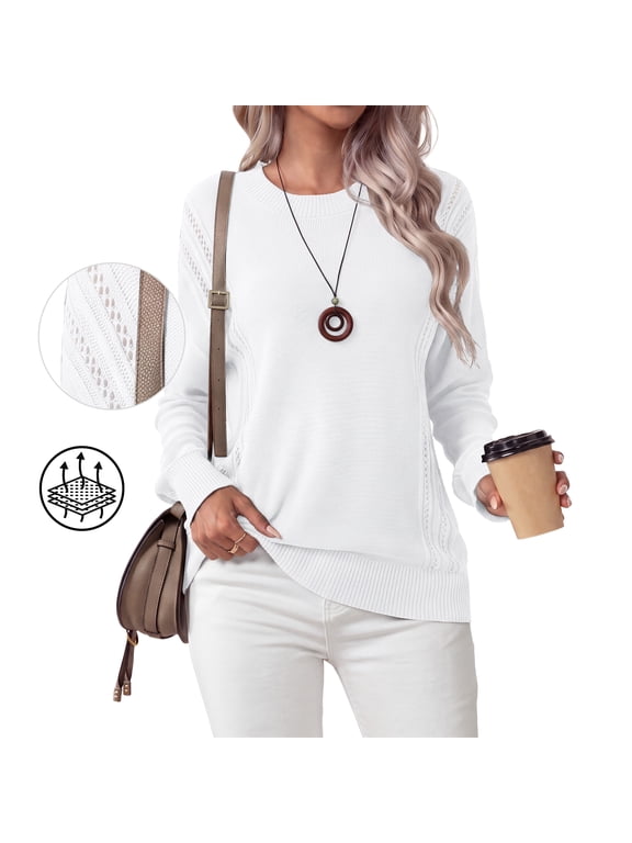 Women's Fall Soft Crewneck Long Sleeve Hollow Cable Knit Pullover Sweaters,Thanksgiving,L,White
