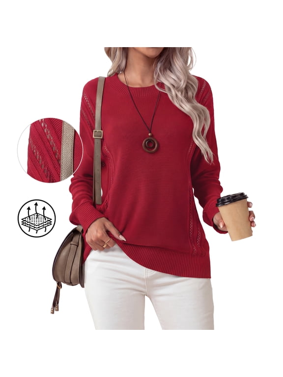 Women's Fall Soft Crewneck Long Sleeve Hollow Cable Knit Pullover Sweaters, Christmas,M,D Red