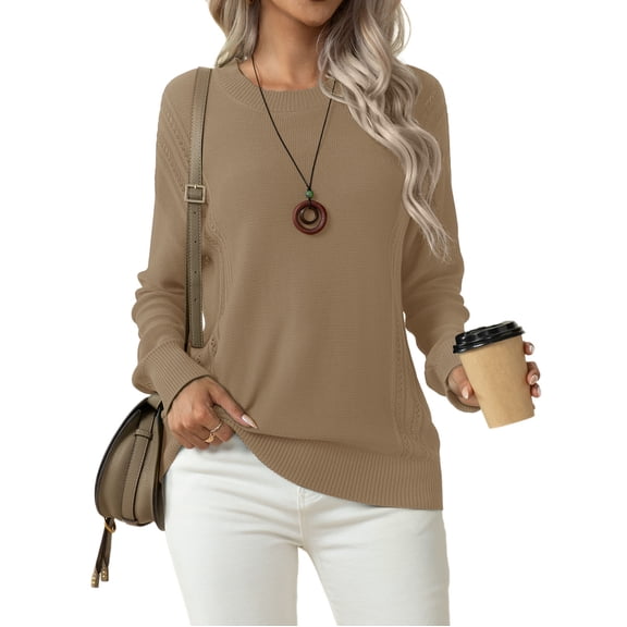 Asklazy Women's Fall Soft Crewneck Long Sleeve Hollow Cable Knit Pullover Sweaters,US Size,M,Khaki