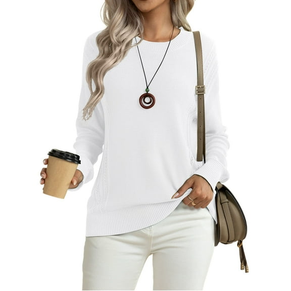 Asklazy Women's Fall Soft Crewneck Long Sleeve Hollow Cable Knit Pullover Sweaters,US Size,M,White