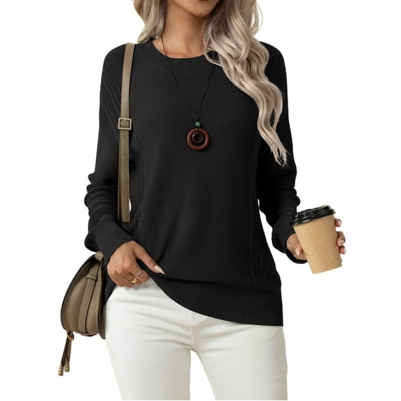 Asklazy Women's Fall Soft Crewneck Long Sleeve Hollow Cable Knit Pullover Sweaters,US Size,S,Black