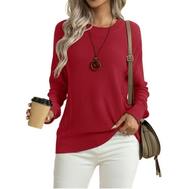 Asklazy Women's Fall Soft Crewneck Long Sleeve Hollow Cable Knit Pullover Sweaters,US Size,S,D Red