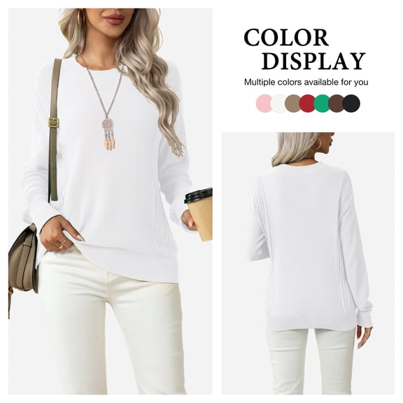 Asklazy Women's Fall Soft Crewneck Long Sleeve Hollow Cable Knit Pullover Sweaters,US Size,S,White