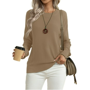 Asklazy Women's Fall Soft Crewneck Long Sleeve Hollow Cable Knit Pullover Sweaters,US Size,XL,Khaki