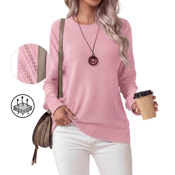 Asklazy Women's Fall Soft Crewneck Long Sleeve Hollow Cable Knit Pullover Sweaters,valentine's day,XL,Light Pink
