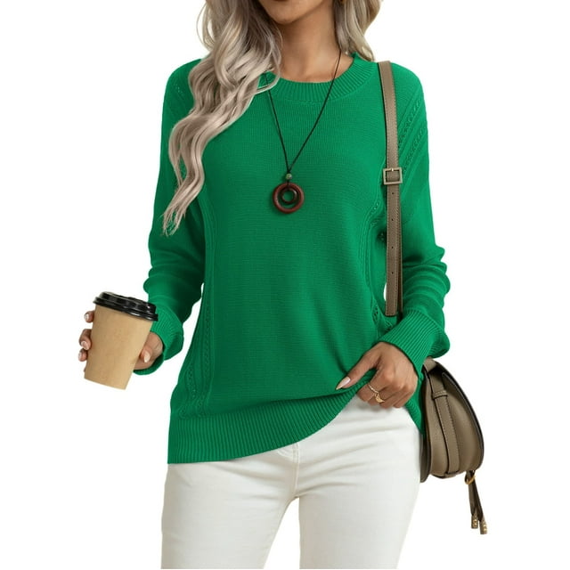 Asklazy Women's Fall Soft Crewneck Long Sleeve Hollow Cable Knit