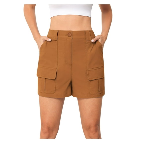 Asklazy Women's High Waist Utility Shorts with Pockets, Cotton Spandex Blend, Brown, Size L