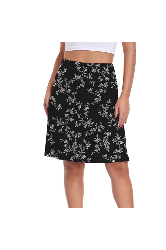 Women's High Waisted Midi Skirt,Knee Length A-Line Flowy Swing Skirt,Soft Stretch Knit Work Skirt,Mother‘s Day,Black Leaves,L