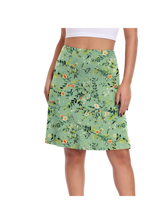 Women's High Waisted Midi Skirt,Knee Length A-Line Flowy Swing Skirt,Soft Stretch Knit Work Skirt,Mother‘s Day,Ju Bai Green,L