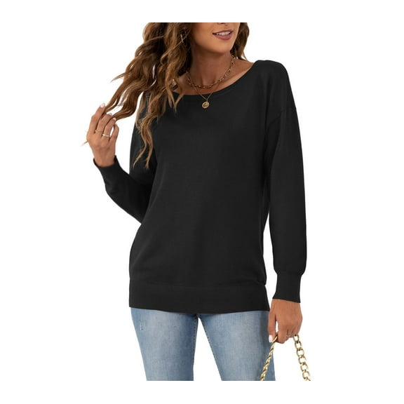 Asklazy Women's Long Sleeve Crew Neck Knitted Pullover Sweater,Black,S