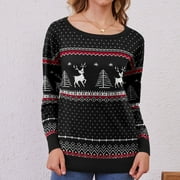 ASKLAZY Women's Long Sleeve Crew Neck Knitted Christmas Pullover Sweater,F Black White,（S-2XL)