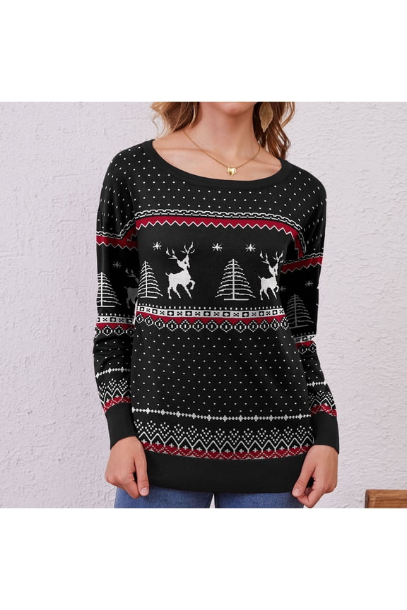 Women's Long Sleeve Crew Neck Knitted Christmas Pullover Christmas Sweater,F Black White,M