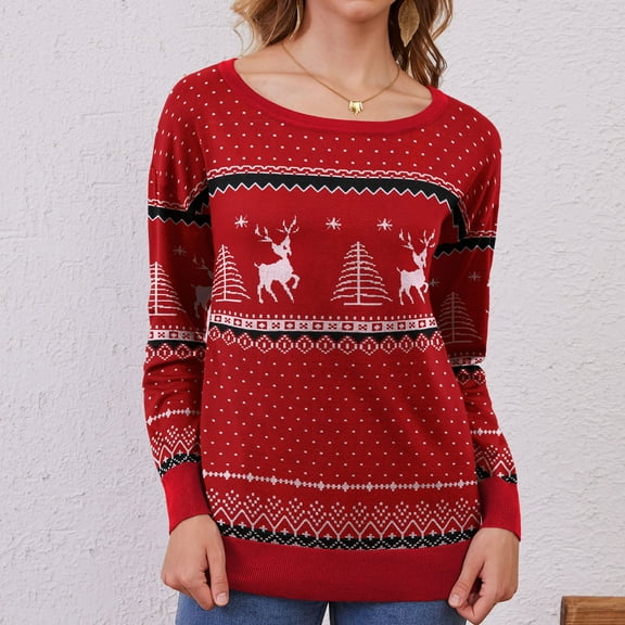 Asklazy Women's Long Sleeve Crew Neck Knitted Christmas Pullover Sweater,F Red White,L