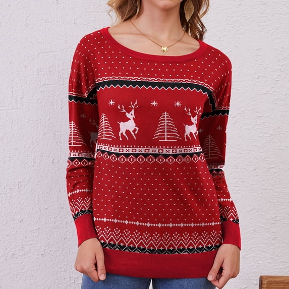 Asklazy Women's Long Sleeve Crew Neck Knitted Christmas Pullover Sweater,F Red White,XL