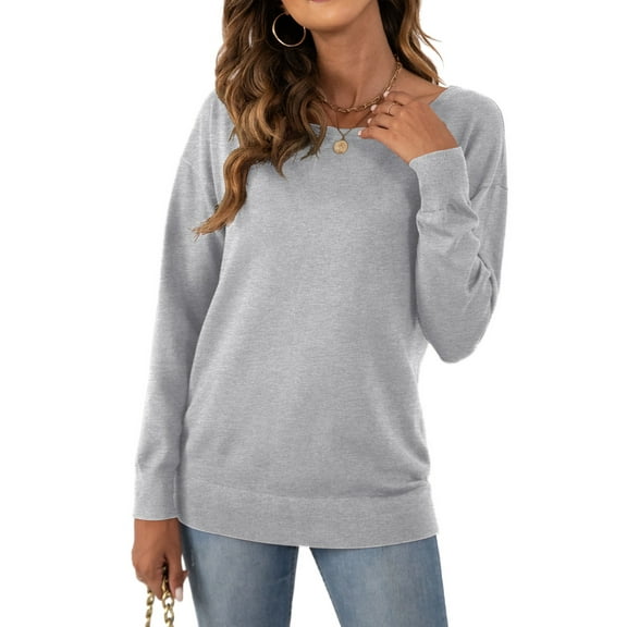 Asklazy Women's Long Sleeve Crew Neck Knitted Pullover Sweater,Grey,M