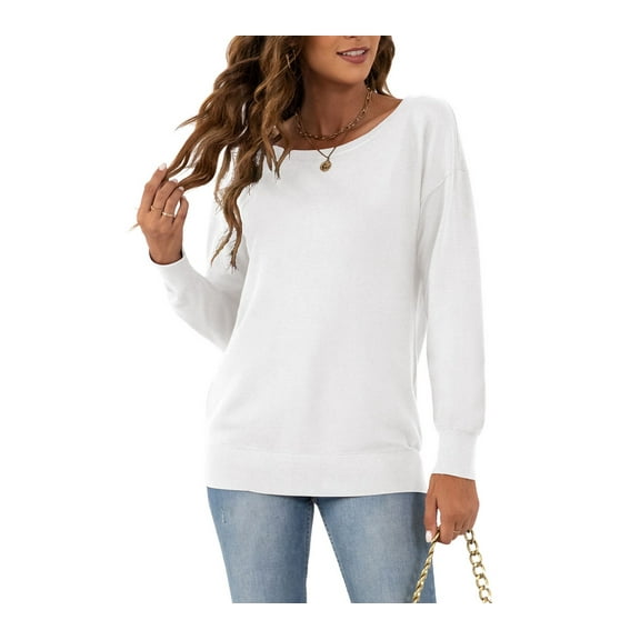 Asklazy Women's Long Sleeve Crew Neck Knitted Pullover Sweater,White,2XL