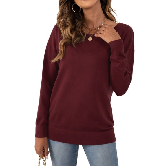 Asklazy Women's Long Sleeve Crew Neck Knitted Pullover Sweater,Wine Red,S