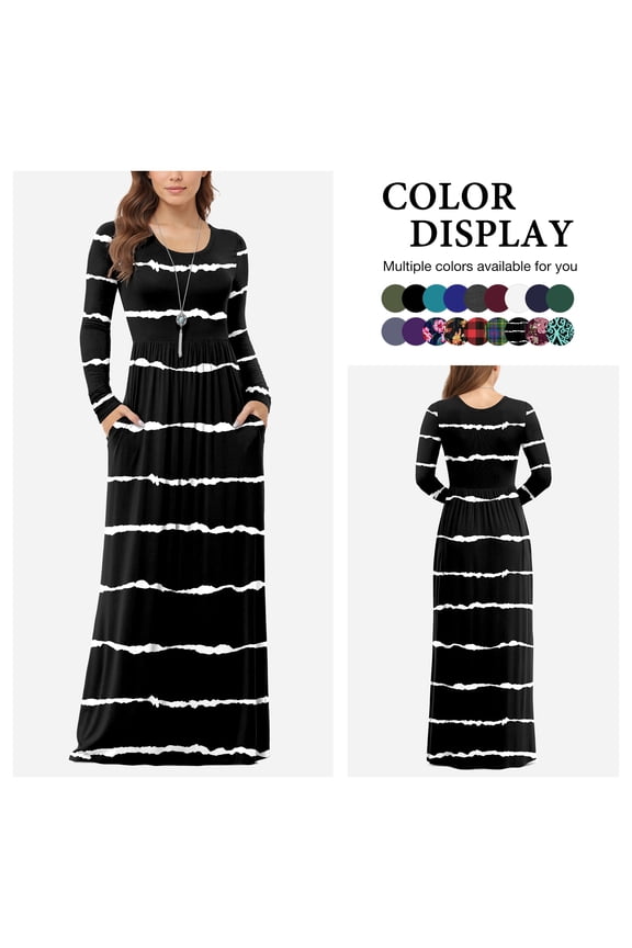 Women's Long Sleeve Loose Plain Maxi Dresses Casual Long Dresses with Pockets,US Size,F Black stripes,L