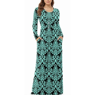 Asklazy Women's Long Sleeve Loose Plain Maxi Dresses Casual Long Dresses with Pockets,US Size,Floral Black Green,L