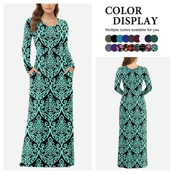 Asklazy Women's Long Sleeve Loose Plain Maxi Dresses Casual Long Dresses with Pockets,US Size,Floral Black Green,XL