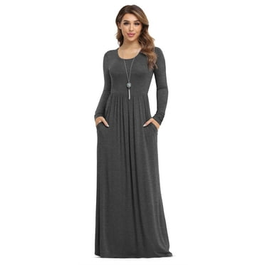 Asklazy Women's Long Sleeve Loose Plain Maxi Dresses Casual Long Dresses with Pockets,US Size,Gray,L