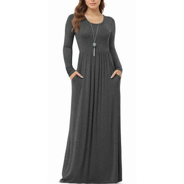 Asklazy Women's Long Sleeve Loose Plain Maxi Dresses Casual Long Dresses with Pockets,US Size,Gray,L