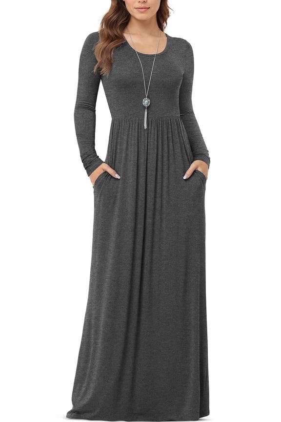 Women's Long Sleeve Loose Plain Maxi Dresses Casual Long Dresses with Pockets,Mother's Day,Gray,L