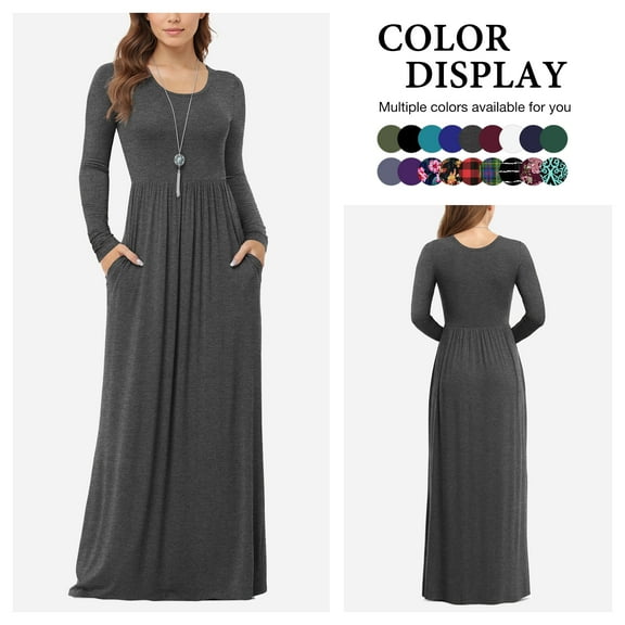 Asklazy Women's Long Sleeve Loose Plain Maxi Dresses Casual Long Dresses with Pockets,US Size,Gray,L