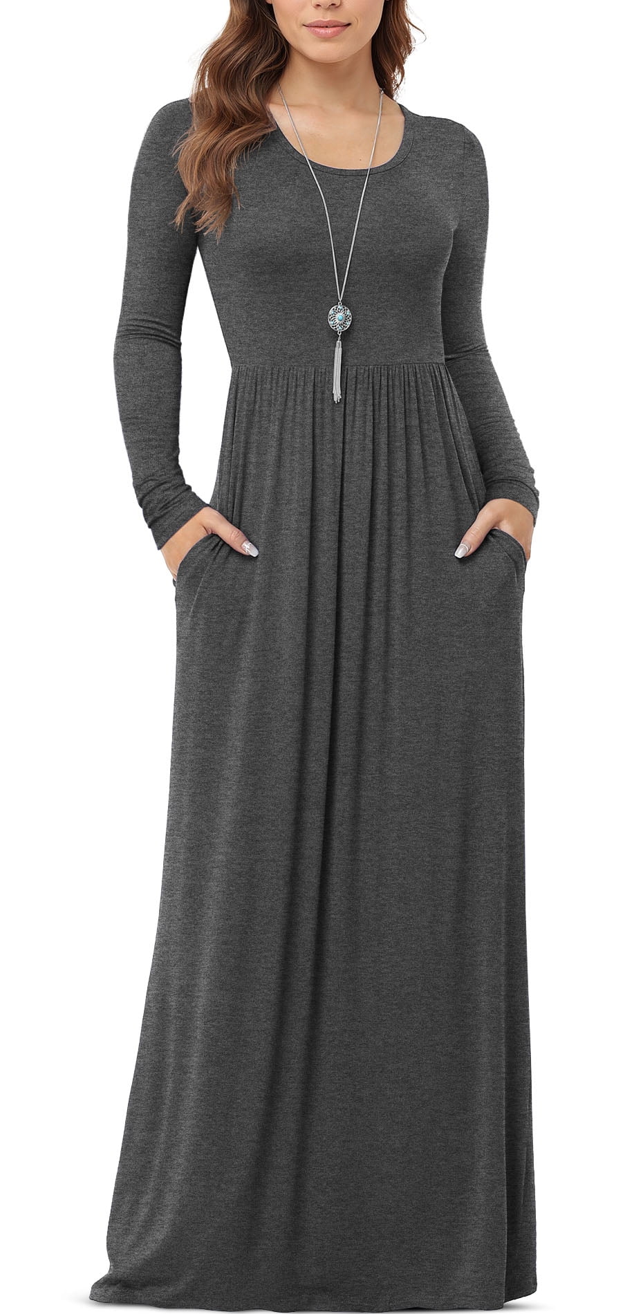 plain long sleeve dresses Hotexy Women's Long Sleeve Maxi Dress Cotton Square Neck Casual Slim Solid Fall Winter Flowy Long Dresses with Pockets,A Army Green,X-Small at Amazon Women's Clothing store