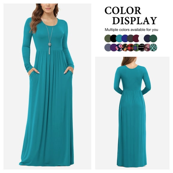 Asklazy Women's Long Sleeve Loose Plain Maxi Dresses Casual Long Dresses with Pockets,US Size,Long Sleeve Acid Blue,2XL