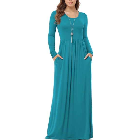 Asklazy Women's Long Sleeve Loose Plain Maxi Dresses Casual Long Dresses with Pockets,Mother's Day,Long Sleeve Acid Blue,XL