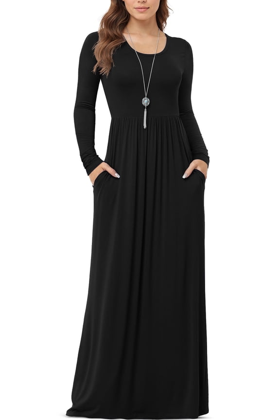 Women's Long Sleeve Loose Plain Maxi Dresses Casual Long Dresses with Pockets,US Size,Long Sleeve Black,XL
