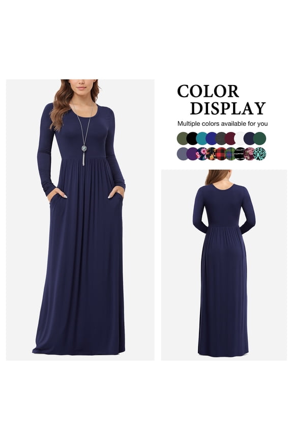 Women's Long Sleeve Loose Plain Maxi Dresses Casual Long Dresses with Pockets,US Size,Long Sleeve Navy blue,L