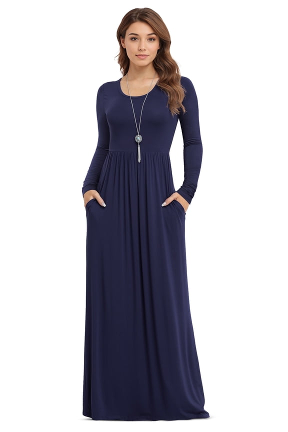 Women's Long Sleeve Loose Plain Maxi Dresses Casual Long Dresses with Pockets,US Size,Long Sleeve Navy blue,L