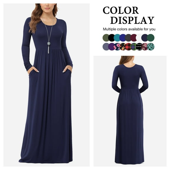 Asklazy Women's Long Sleeve Loose Plain Maxi Dresses Casual Long Dresses with Pockets,US Size,Long Sleeve Navy blue-S