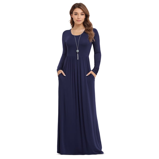 Asklazy Women's Long Sleeve Loose Plain Maxi Dresses Casual Long Dresses with Pockets,Mother's Day,Long Sleeve Navy blue-XL