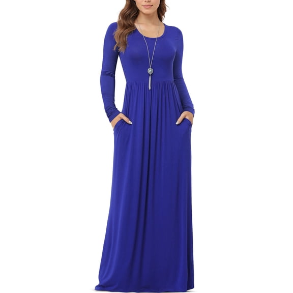 Asklazy Women's Long Sleeve Loose Plain Maxi Dresses Casual Long Dresses with Pockets,Mother's Day,Long Sleeve Royal Blue,L