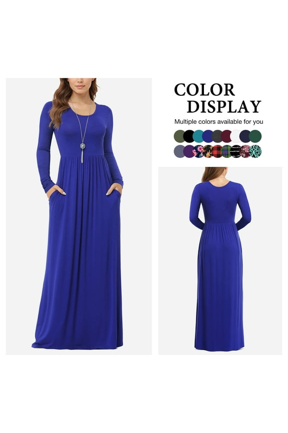 Women's Long Sleeve Loose Plain Maxi Dresses Casual Long Dresses with Pockets,US Size,Long Sleeve Royal Blue,L