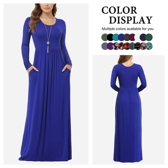 Asklazy Women's Long Sleeve Loose Plain Maxi Dresses Casual Long Dresses with Pockets,US Size,Long Sleeve Royal Blue,M