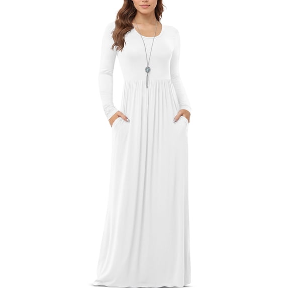Asklazy Women's Long Sleeve Loose Plain Maxi Dresses Casual Long Dresses with Pockets,Mother's Day,Long Sleeve White,3XL