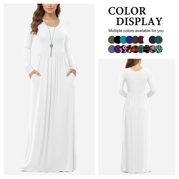 Asklazy Women's Long Sleeve Loose Plain Maxi Dresses Casual Long Dresses with Pockets,US Size,Long Sleeve White,XL